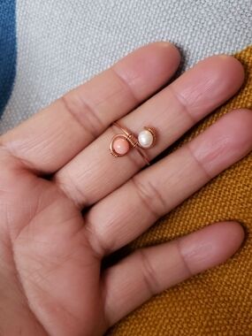 New Handmade copper Ring with Real Coral and White Pearl- Women Jewelry